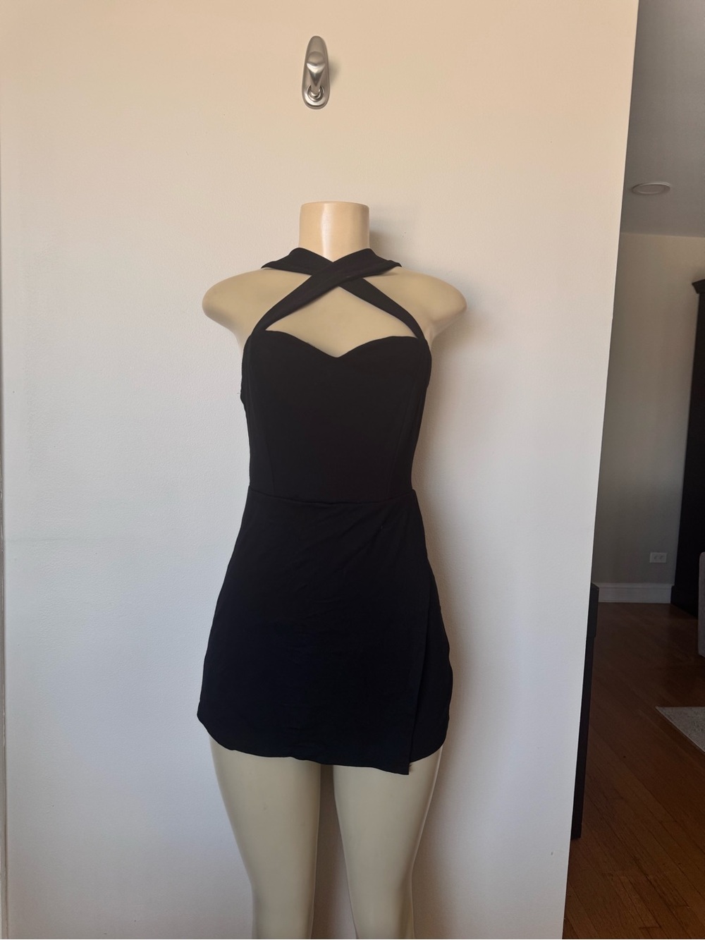 IRIS Black Crisscross Halter Mini Dress skort style
